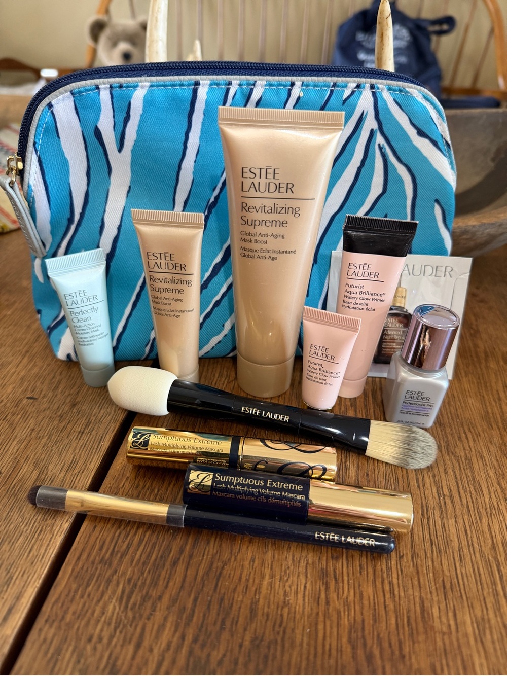 Estée Lauder Travel Makeup Kit with Blue Zebra Pouch - Gold and Pink Accents